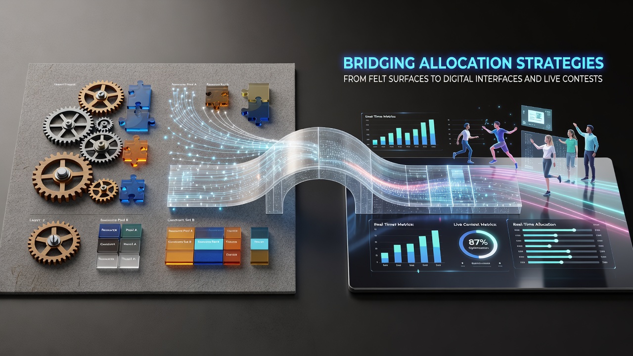 Illustration showing traditional casino felt tables transitioning into digital interfaces and live sports contest screens with allocation charts overlay