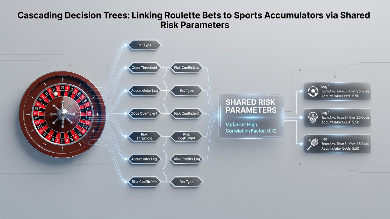 Diagram showing decision tree branches connecting roulette outcomes to accumulator selections through risk nodes