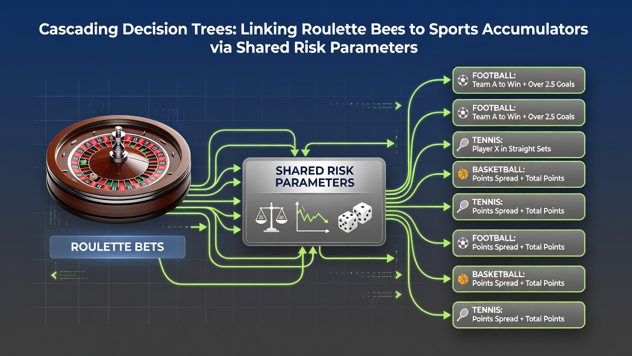 Flowchart illustrating risk parameter nodes shared between roulette and accumulator betting trees