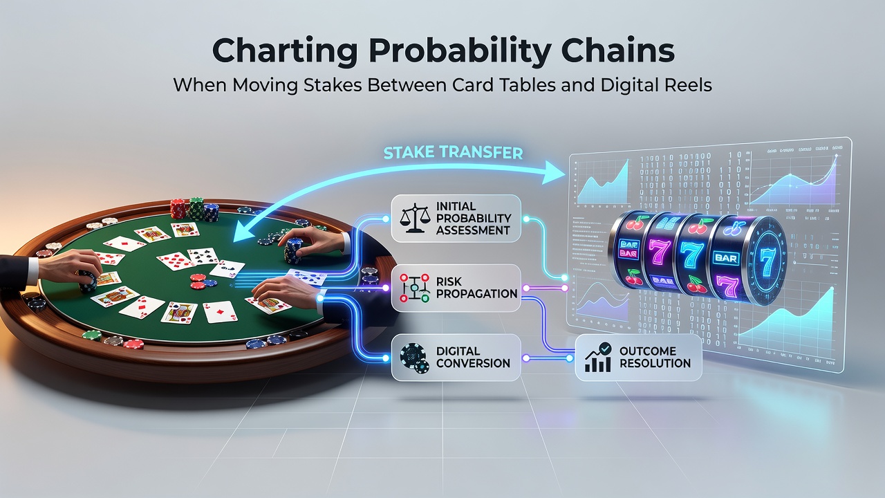 Flowchart illustrating stake movement sequences with probability nodes linking tables to reels