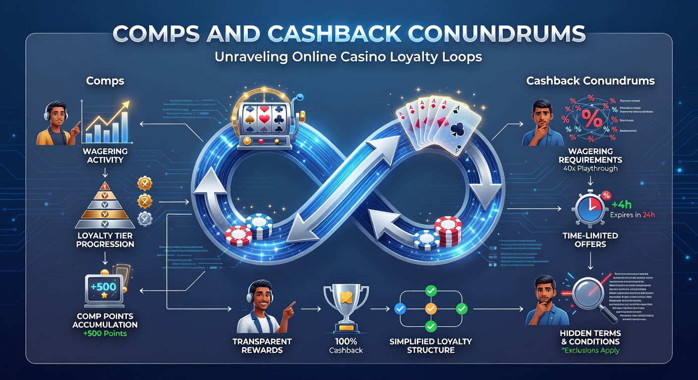 Digital illustration of a looping loyalty card maze with casino chips and cashback symbols emerging from the paths