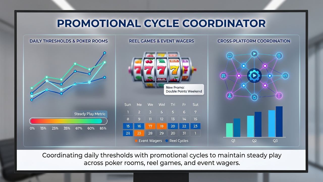A poker room floor with players at multiple tables alongside digital displays showing current promotional offers and threshold trackers