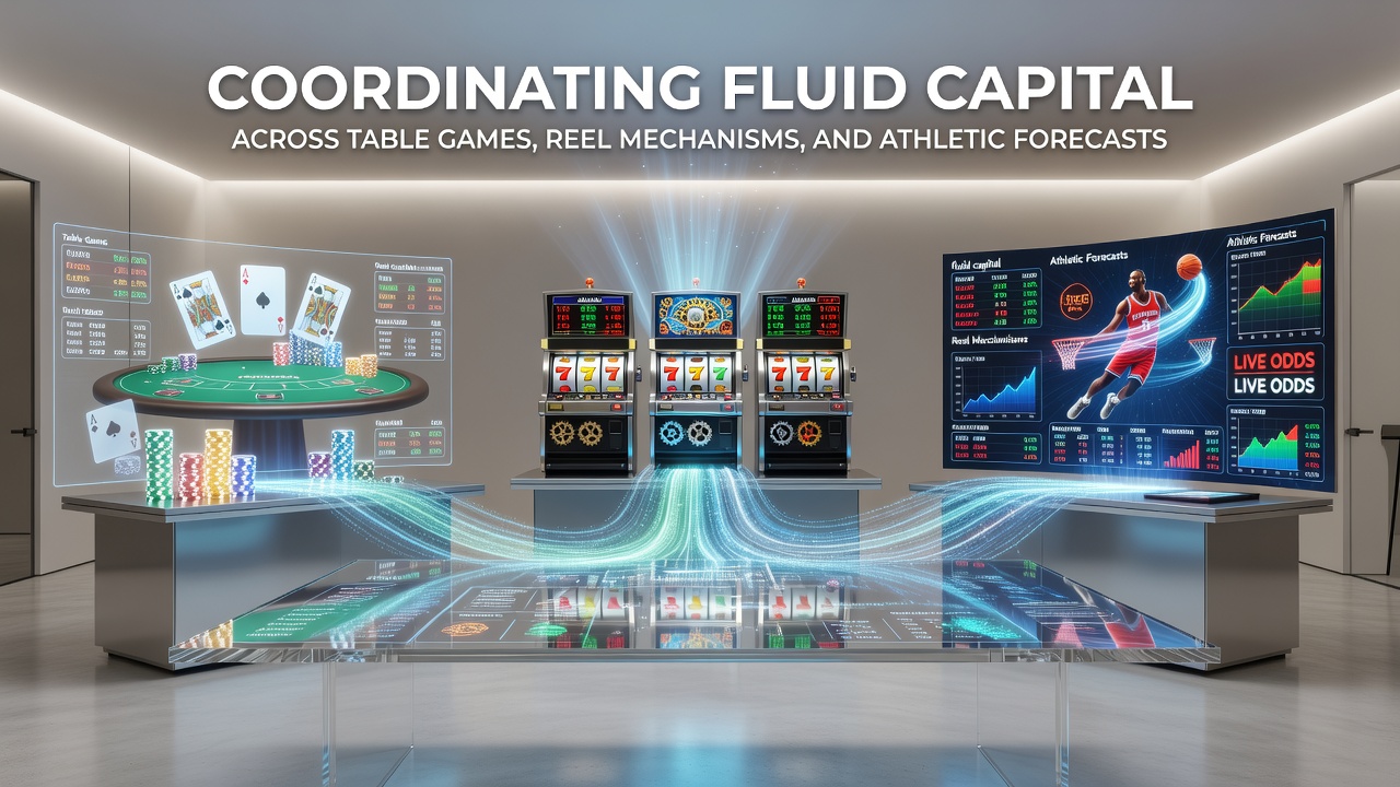 Diagram showing interconnected bankroll flows between table games, slot reels, and sports betting platforms