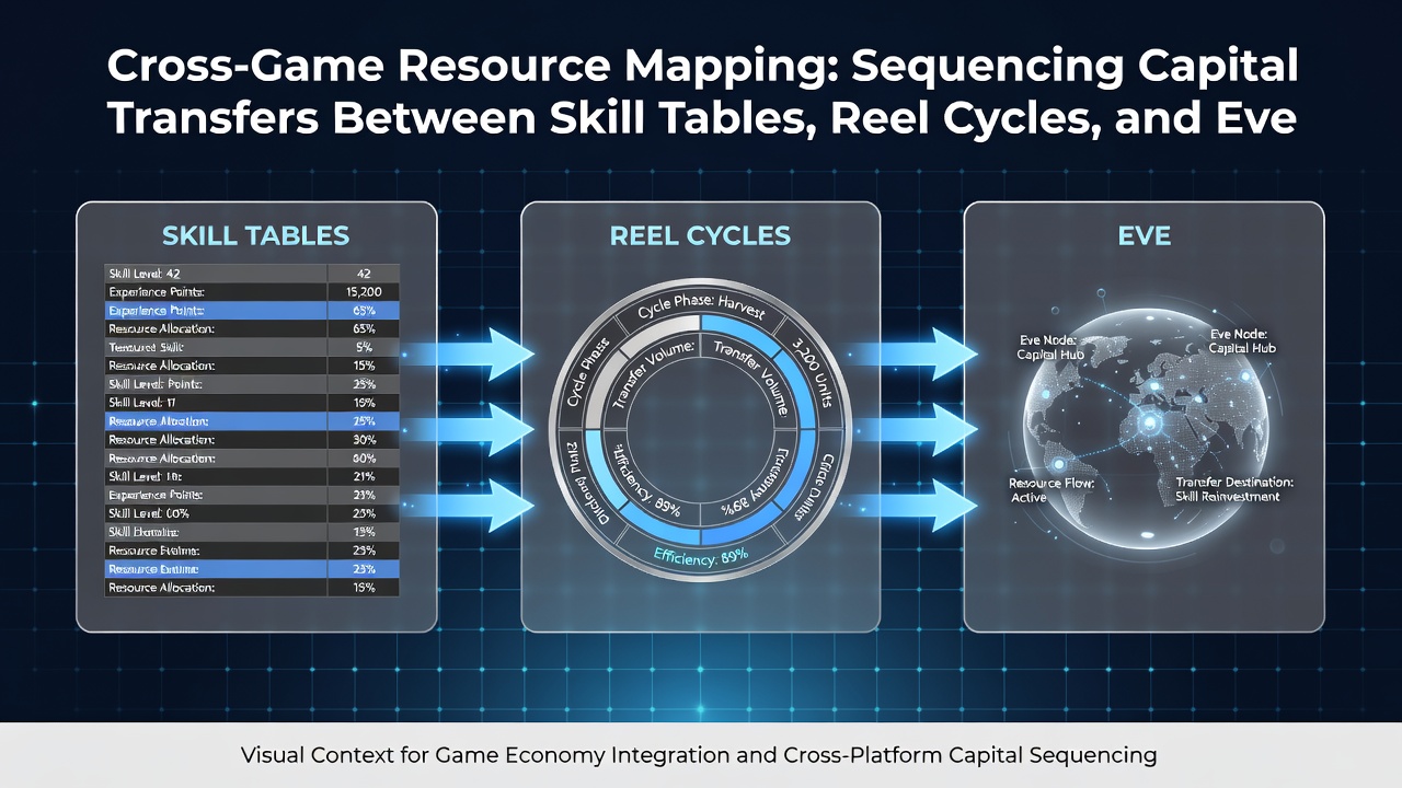 Flowchart illustrating sequenced capital movements from skill tables through reel cycles to event lines with compliance checkpoints
