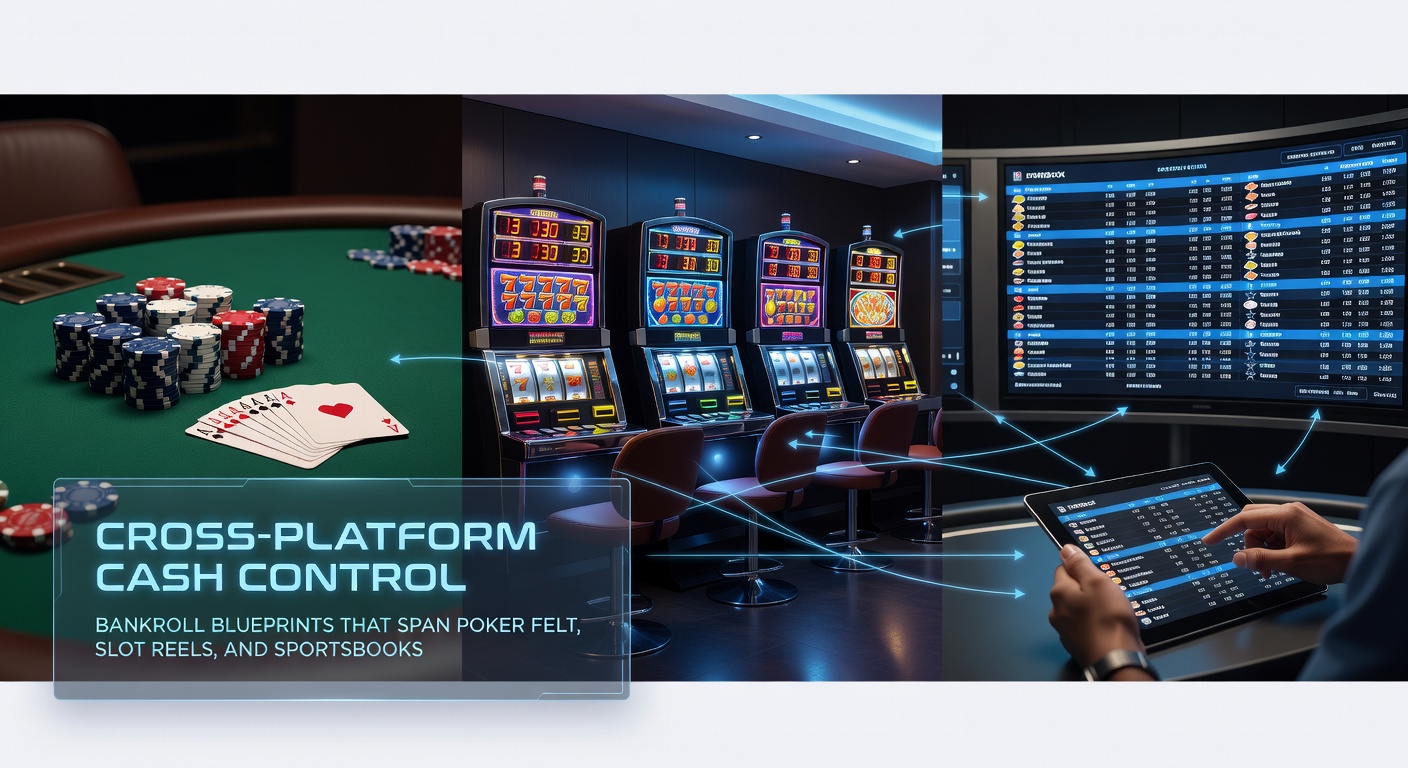 A dynamic illustration showing interconnected bankrolls across poker chips, spinning slot reels, and sportsbook odds boards, symbolizing unified cash control
