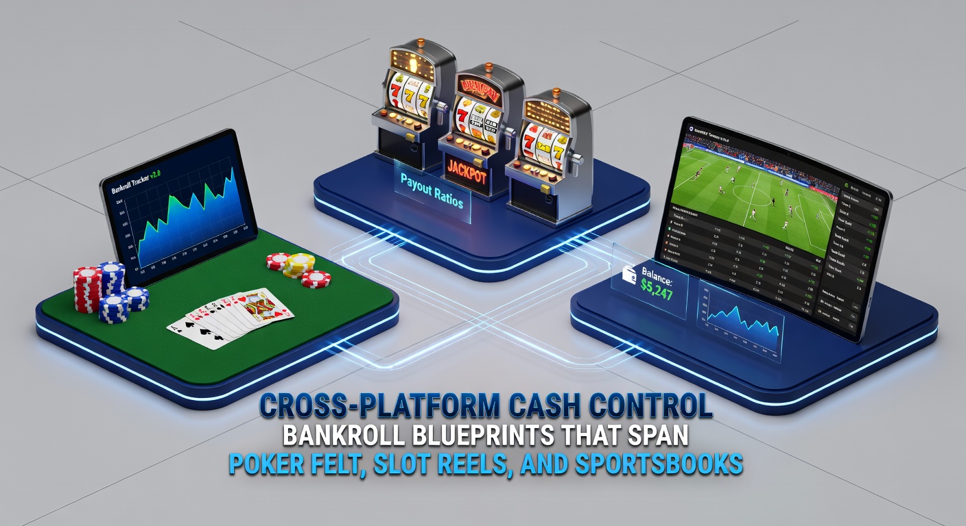 Close-up of a strategist dividing a bankroll chart into poker, slots, and sports segments, with graphs showing balanced growth over time
