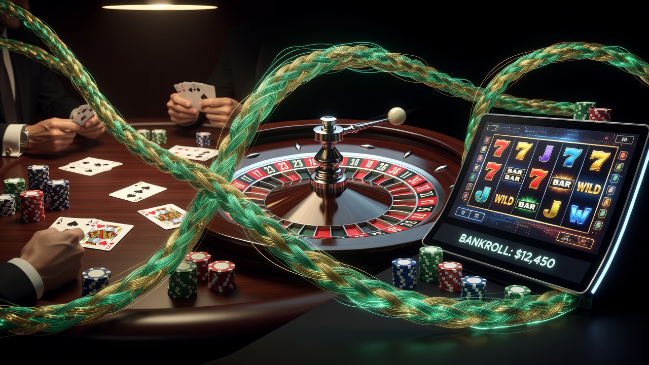 Close-up view of roulette wheel, poker chips, and slot machine reels with overlaid bankroll tracking graphics