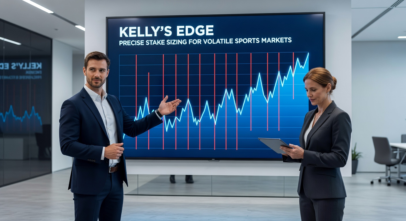 Graph illustrating Kelly Criterion stake calculations overlaid on a fluctuating sports betting line chart, showing optimal bankroll allocation during market volatility
