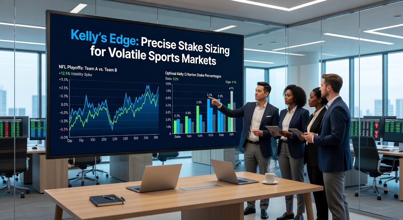 Sports bettor reviewing Kelly Criterion dashboard on a laptop screen amidst charts of NBA and soccer odds fluctuations, highlighting stake recommendations for high-volatility matches
