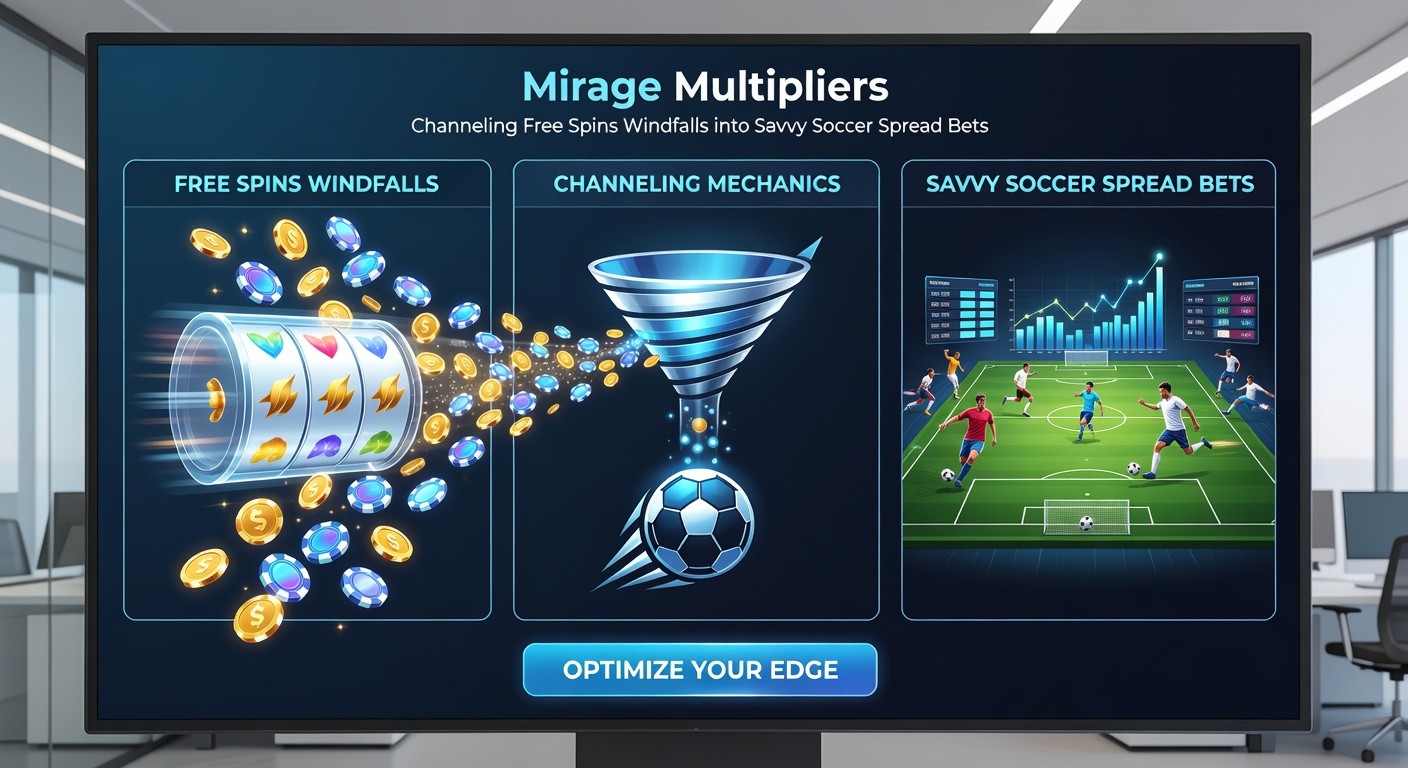 Soccer field graphic showing spread betting lines overlaid on a match between two teams, with slot multiplier icons transitioning into betting chips