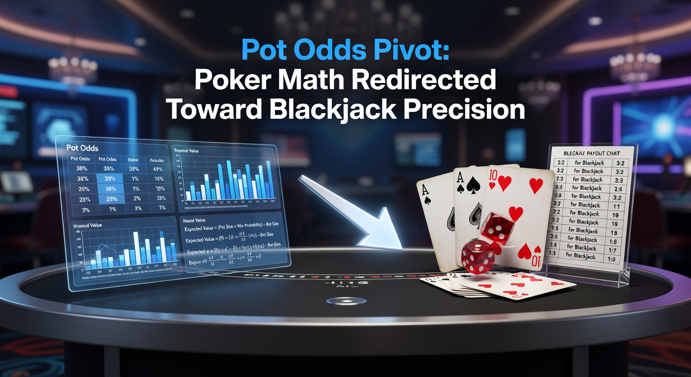 Illustration of poker chips transforming into blackjack cards with mathematical equations overlayed, symbolizing the crossover of strategies between games