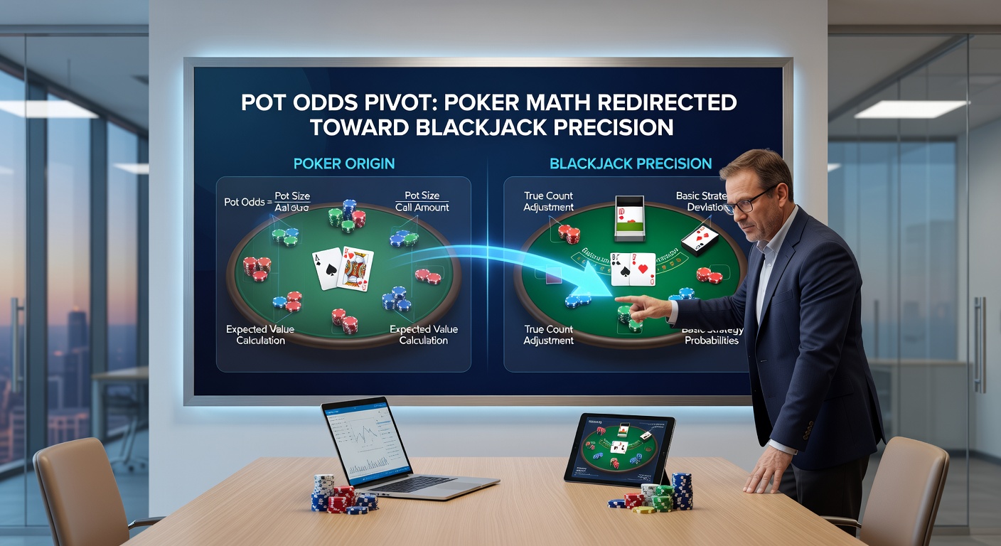 Close-up of a blackjack table with dealer showing ace, player pondering insurance bet amid overlaid pot odds calculations and poker equity charts