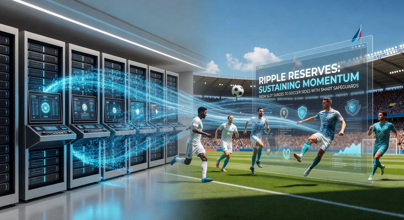 Dynamic graphic showing bankroll waves rippling from colorful slot reels toward soccer fields, symbolizing sustained momentum in gambling strategies
