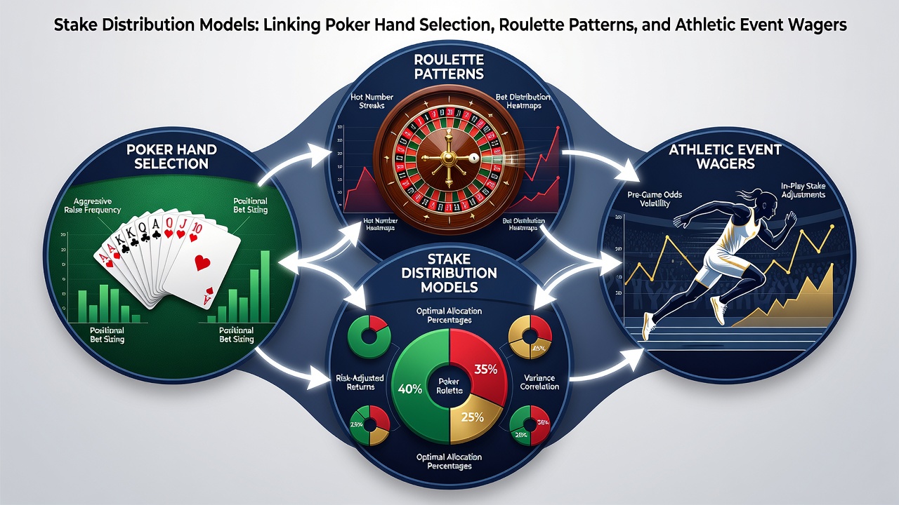 Illustration of bankroll flow linking roulette pattern adjustments to poker hand tiers and sports event allocations