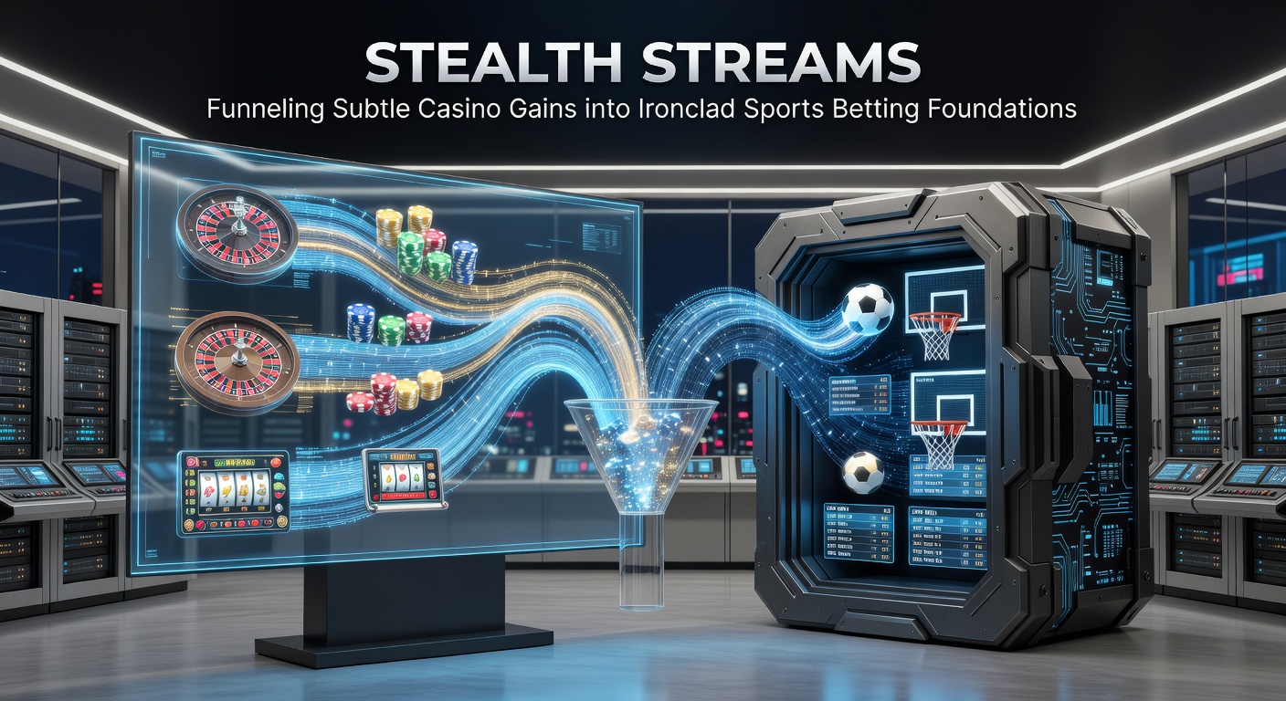 Digital graphic showing subtle streams of casino chips flowing into a sturdy sports betting vault, symbolizing secure bankroll transfers