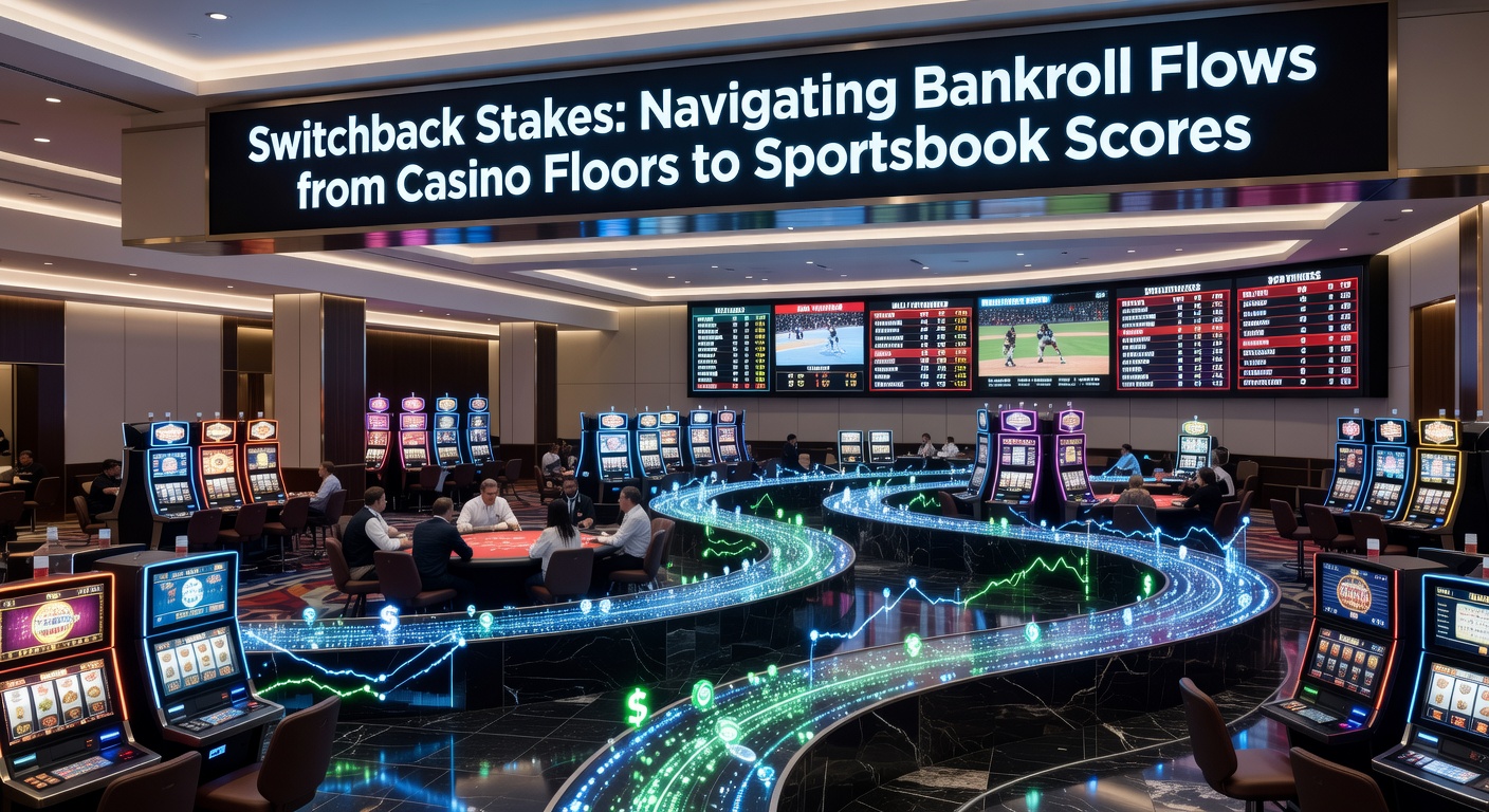 Vibrant graphic showing bankroll arrows zigzagging from bustling casino floors filled with slot machines and tables to glowing sportsbook screens displaying odds and scores