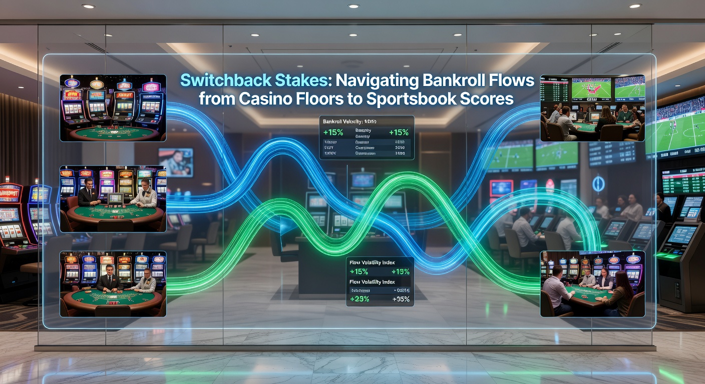Close-up chart illustrating bankroll transfer paths, with green upward arrows from casino icons to sportsbook graphs amid fluctuating line graphs