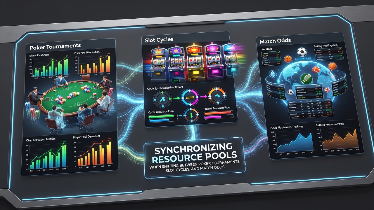 Illustration of interconnected bankroll pools linking poker tables, slot machines, and sports betting interfaces
