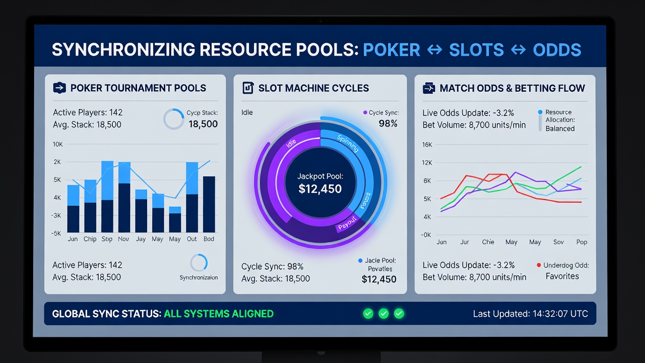 Diagram showing capital flow adjustments between poker events, slot volatility phases, and live sports odds