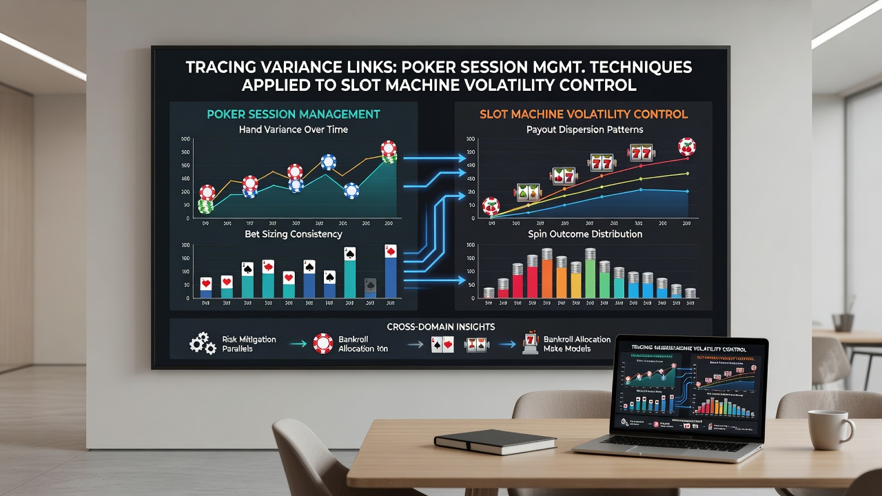 Slot machine reels displaying volatility patterns alongside bankroll tracking charts