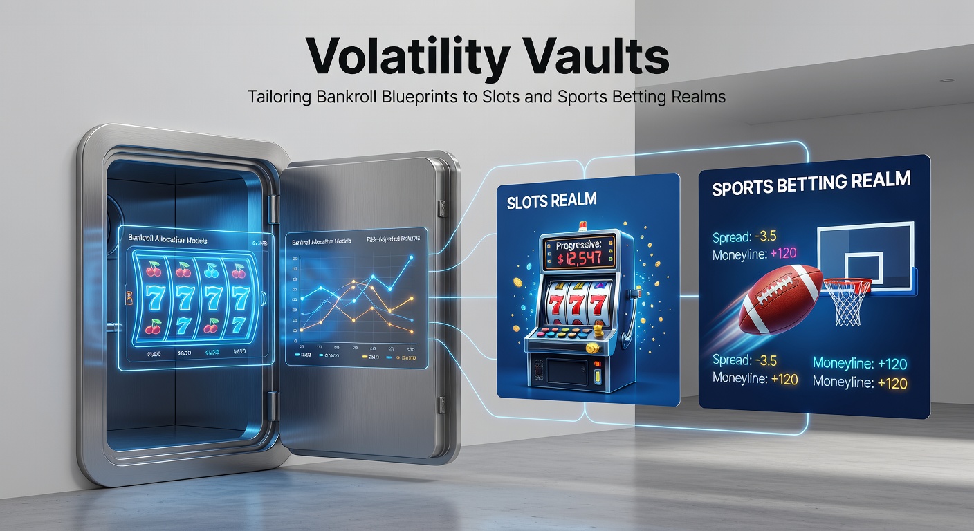 Split-view graphic contrasting slot reels in high-volatility mode with sports betting odds boards, illustrating tailored bankroll allocation vaults bridging the two realms