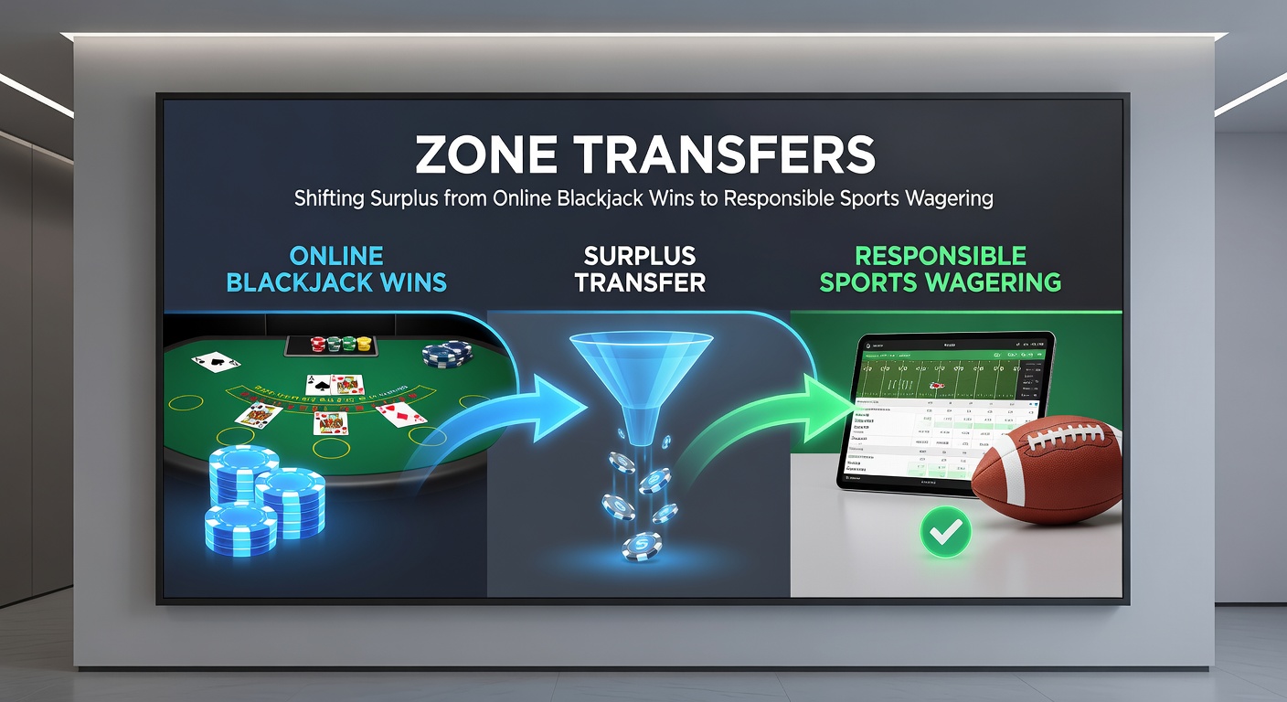 Infographic illustrating bankroll zones divided into blackjack and sports betting segments with arrows showing surplus movement